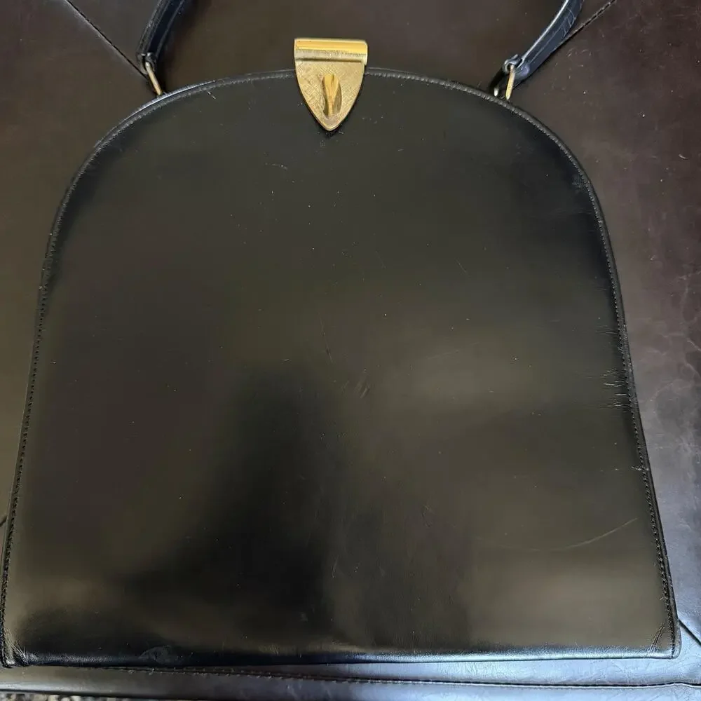 Leather Top Handle Bag Womens Medium Black Gold Hardware Formal Evening Purse